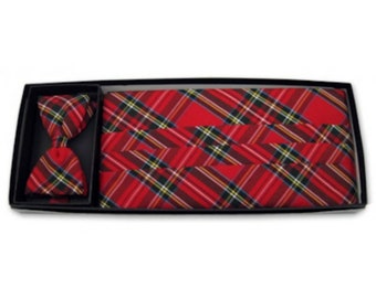 Christmas Holiday Real Plaid Cummerbund and  Pre-Tied Bow Tie