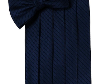 Navy Blue Tuxedo Cummerbund and Self-Tie Bow Tie Set in a Grid Pattern