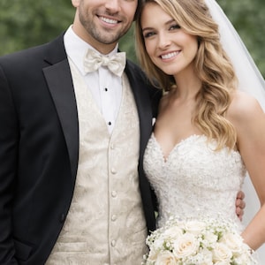 May include: A black tuxedo jacket with a white dress shirt, a champagne-coloured paisley patterned waistcoat, and a matching bow tie. Beside it, a strapless white lace wedding gown with a sweetheart neckline and a bouquet of white roses and baby's breath.