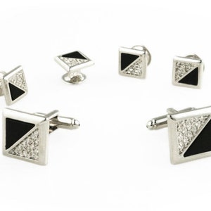 Black Onyx & Cubic Zirconia Triangles Square Silver Edge Studs and Cufflinks Set