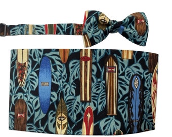 Vintage Hawaiian Surfboards Cummerbund And Bow Tie Set