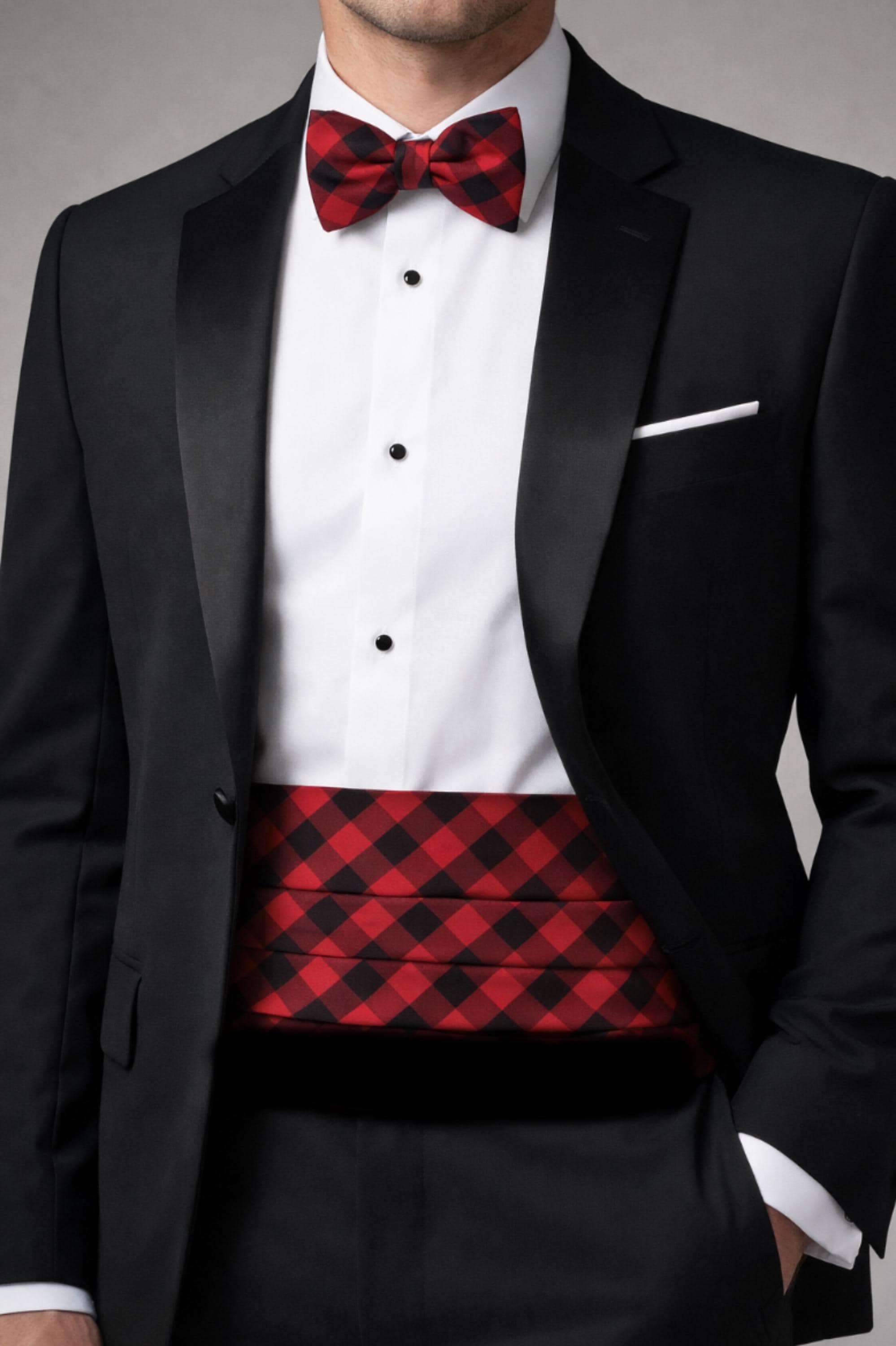 Country Plaid Cummerbund and Bow Tie Set in Red & Black  display picture 1