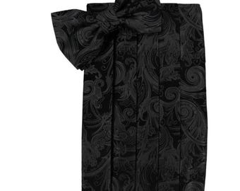 Conjunto de fajín y pajarita de seda negra con estampado de cachemira