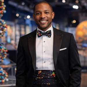 Conjunto de fajín y corbata con constelaciones de estrellas arcoíris, llamativo estampado astronómico para ropa formal masculina.