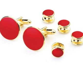 Red Novelty Painted Enamel Formal Tuxedo Cufflinks and Shirt Studs Gold or Silver Plate Trim Red Prom Wedding Cufflinks Studs Red Cufflinks