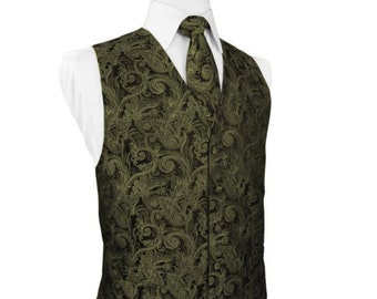 Moss Green Paisley Satin Tuxedo Gilet et cravate et Hanky assorti