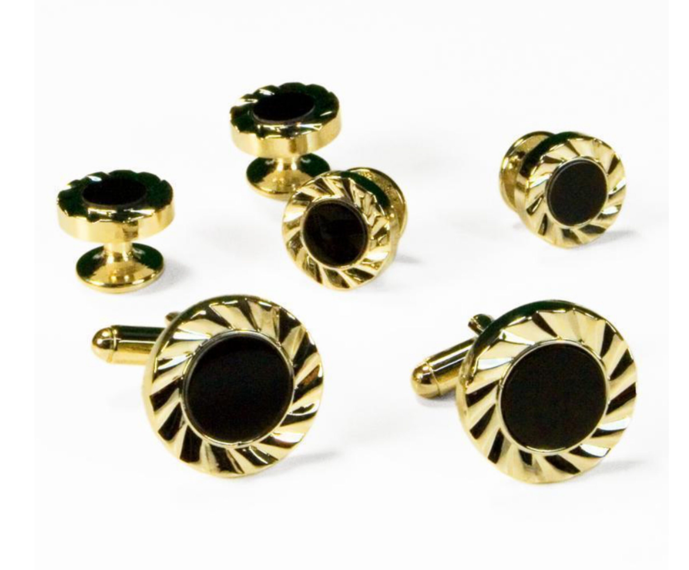 Black Circular Onyx With Fan Cut Edge Studs and Cufflinks Set Etsy