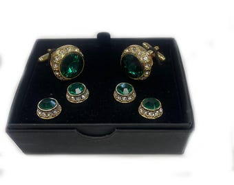 Emerald Green Faceted Crystal Center with a Crystal Border Tuxedo Studs and Cuff Links Set Gold Trim Emerald Green Saint Pattys Day Parade