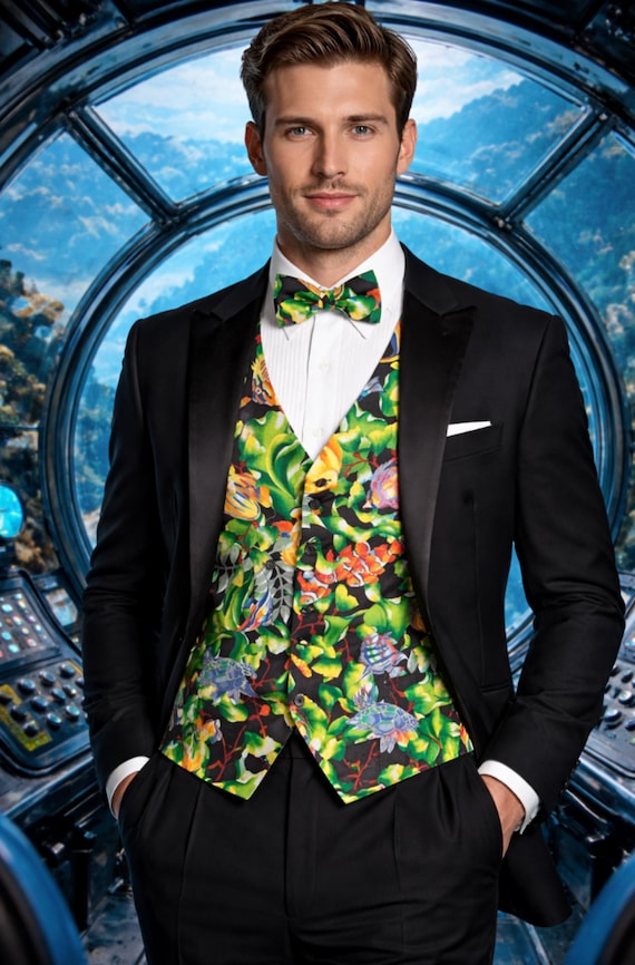 Under The Sea Tropical Fish Tuxedo Vest & Bow Tie - Vibrant Ocean-Themed Formal Wear for Grooms