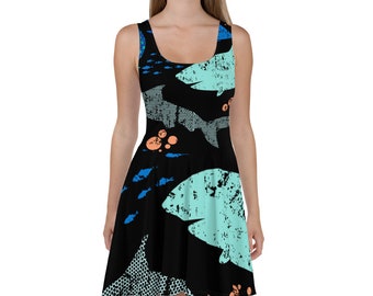 Girls Cute Shark Sealife Rockabilly Flare Skater Dress Size 5-10 Years Kids