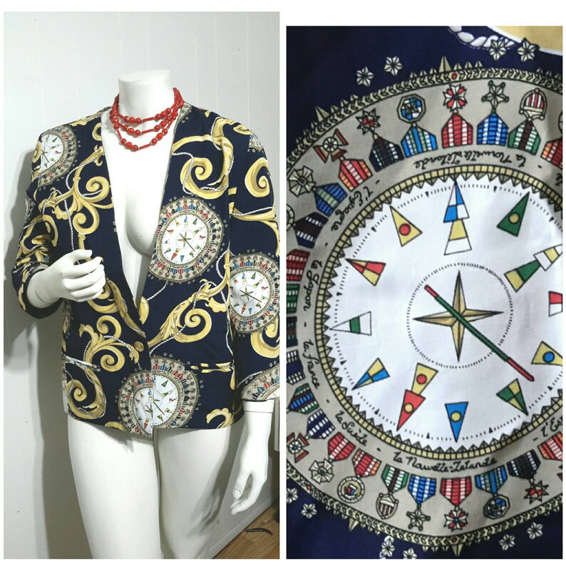 Vintage Nautical Blazer Sailor Compass Print Jacket 1980s Navy /& Gold NOS Made in USA
