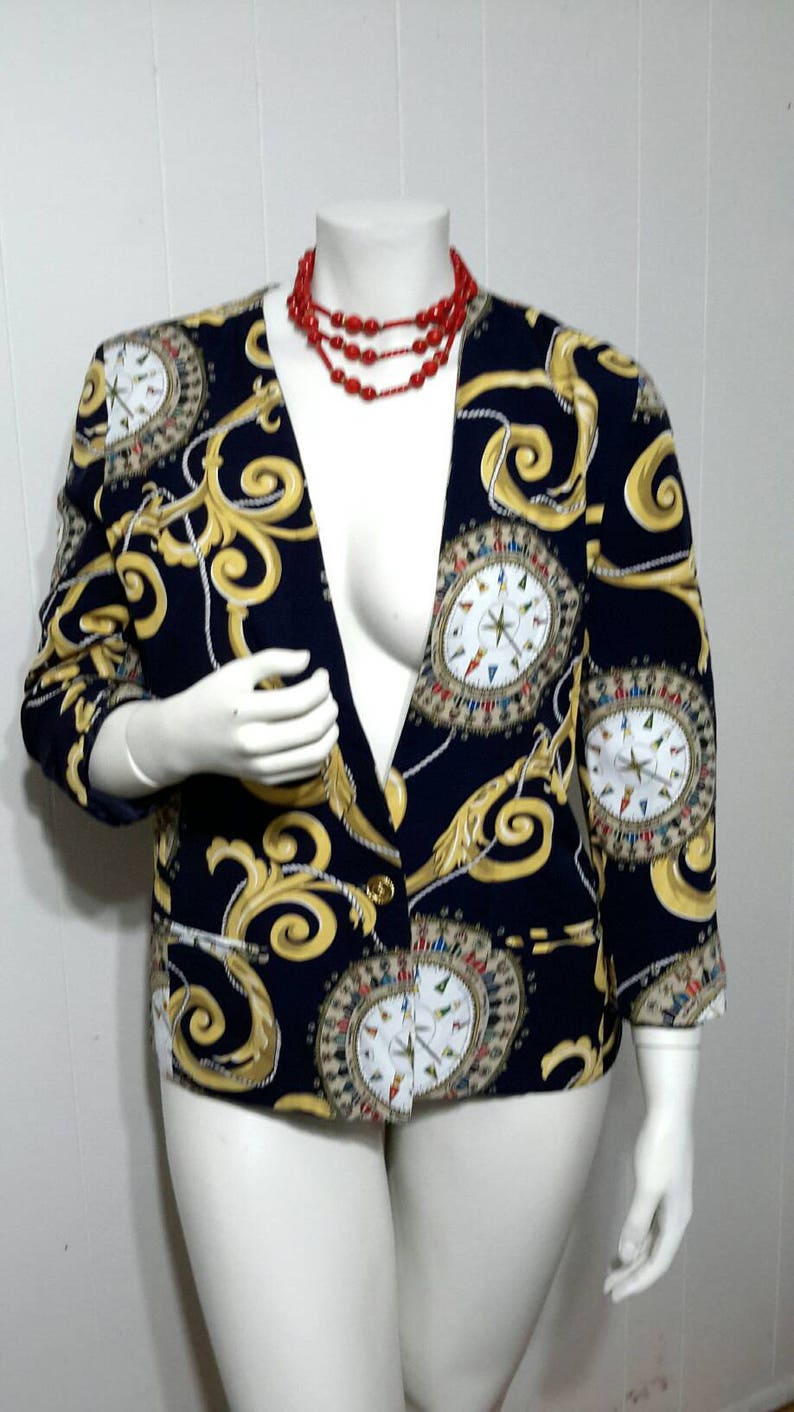 Vintage Nautical Blazer Sailor Compass Print Jacket 1980s Navy /& Gold NOS Made in USA