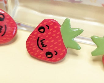 Smiley Strawberry Clay Pin | Handmade Badge | Cute Kawaii Fruit Badge