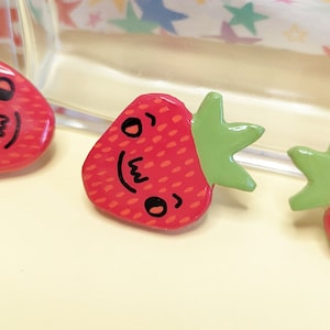 Smiley Strawberry Clay Pin | Handmade Badge | Cute Kawaii Fruit Badge