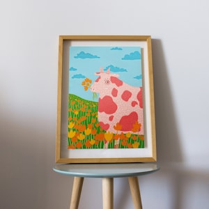 Impression d’art de vache aux fraises | A4/A5 | Option de format de carte postale