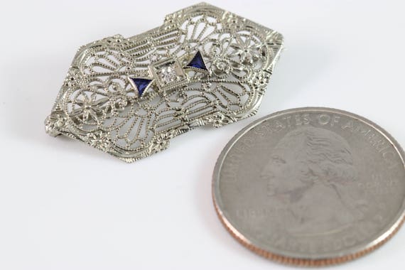 Antique 10k White Gold Filigree Sapphire and Diam… - image 2