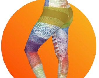 Abstract original art design leggings high waist women active wear gym pants multi coloured skinny fit work-out gear yoga stretchy exercise