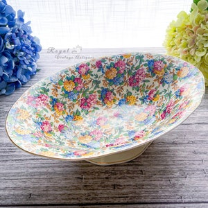 Empire Porcelain Co. (EPC) Chintz  "Lilac Time" Hydrangeas Large Footed Fruit Bowl Centerpiece, England.