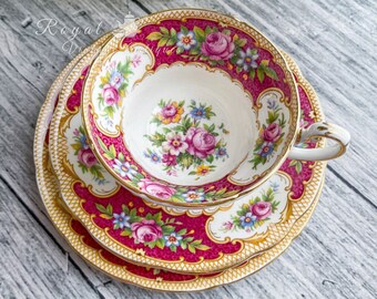 Trio de tasses de thé rouge foncé Tudor EB Foley, bouquet de fleurs roses et bleues, Angleterre