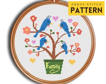 Bird Family Tree Cross stitch pattern, Bird Cross Stitch, Love Baby Plant Gift, PDF instant download, Modern Easy