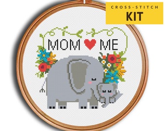 Gift for Mom Cross stitch KIT for Beginners DIY, Baby Elephant Cross Stitch, I <3 Mom, Mother's day gift Modern Easy Embroidery Kit