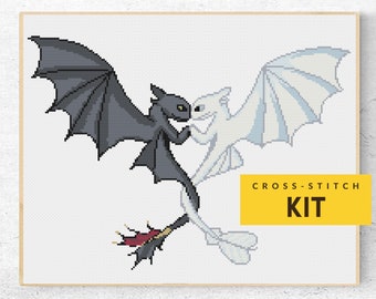 Toothless Light Fury Cross stitch KIT for Beginners DIY, How to Train Your Dragon Cross stitch kit, Embroidery Kit, Valentine's gift Modern