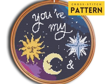 You Are My Sun Moon Stars Cross stitch pattern, Astrology Cross Stitch, Love Valentine's Gift, PDF instant download, Modern Easy
