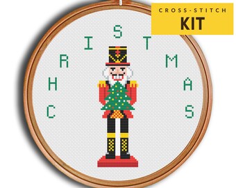 Modern Christmas Soldier Nutcracker Cross stitch KIT for beginners, Xmas Cute Toy Soldier Doll Xmas for Beginners DIY, Embroidery Kit