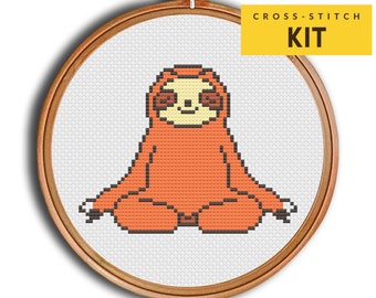 Meditating Sloth Cross stitch kit for Beginners DIY, Funny Yoga Cross stitch, Zen cross stitch, Cute Sloth, Modern Cross stitch design