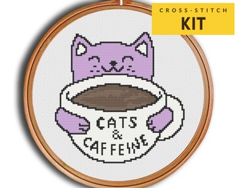 Kit de point de croix pour chat au café pour débutants DIY, point de croix amusant, point de croix à la caféine, point de croix de chat, conception de point de croix moderne