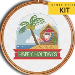 Funny Christmas Cross stitch KIT, Santa on Holiday Vacation KIT for Beginners DIY. Beach Island Father Christmas, Modern Easy Embroidery Kit image 1