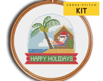 Funny Christmas Cross stitch KIT, Santa on Holiday Vacation KIT for Beginners DIY. Beach Island Father Christmas, Modern Easy Embroidery Kit