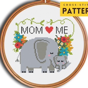Mom Cross stitch pattern, Elephant Cross Stitch, I &lt;3 Mom Gift for Mom, Mother&#39;s day gift, PDF instant download, Modern Easy Beginner