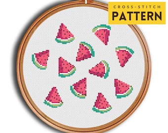 Vattenmelon korsstygnsmönster, fruktprovkorsstygn, kökskorsstygn, PDF direktnedladdning, söt modern design, enkel nybörjare
