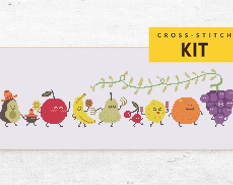 Cute Kitchen Cross stitch KIT for Beginners DIY, Walking Kawaii Fruit Food Cooking Home Avocado Cherry. Embroidery Kit, Modern Design Easy