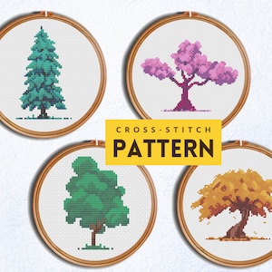 Seasonal Trees Cross stitch pattern, Set of Four Seasons cross stitch, Modern Seasonal Plants 4 piece wall art decor, PDF instant download
