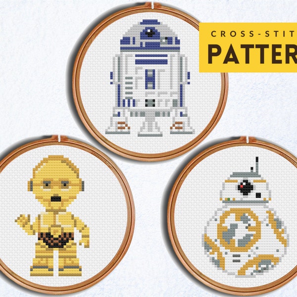 Star Wars Cross stitch pattern, R2D2 Cross Stitch C3PO Cross Stitch BB8 Cross Stitch, Set of 3 patterns, Modern set, PDF instant download