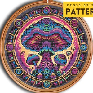 May include: Cross-stitch pattern featuring a psychedelic mushroom with a colorful mandala design. The mushroom is surrounded by a circular pattern of flowers and leaves.