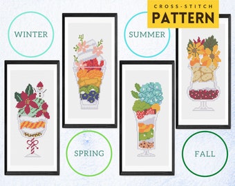 Four Season Cross stitch pattern, Set of 4 bookmark cross stitch, Modern Seasonal Parfaits 4 piece wall art decor, PDF instant download