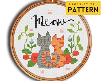 Cat Stitch pattern, Pair of Cats Love Meow Cross Stitch pattern, Valentine's Gift, Couple's Gift, PDF instant download, Modern Easy Beginner