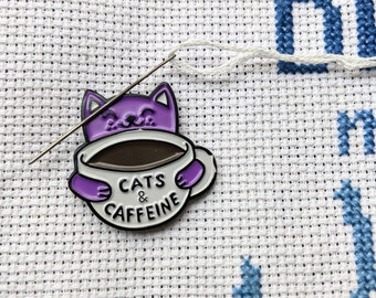 Cat and Coffee Needle minder, Cats & Caffeine Needleminder, Needle holder, Cross stitch tools, Embroidery for beginners, Modern cross stitch