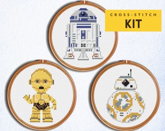 R2D2 C3PO BB8 Cross stitch KIT, Star Wars Cross Stitch R2D2 Cross Stitch C3PO Cross Stitch, Set of 3 kits for beginners, Modern cross stitch