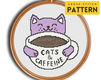Cat Coffee Cross stitch Pattern, Funny Cross Stitch, Cat Cross stitch, Caffeine Cross Stitch, Modern Cross stitch, PDF instant download