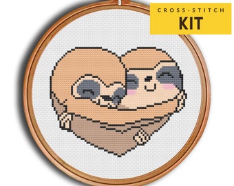 Sloth Cross stitch kit for Beginners DIY, Hugging Sloth Cross stitch, Love cross stitch, Cute Sloth, Modern Cross stitch design
