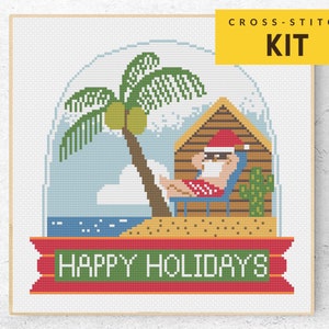Funny Christmas Cross stitch KIT, Santa on Holiday Vacation KIT for Beginners DIY. Beach Island Father Christmas, Modern Easy Embroidery Kit image 2