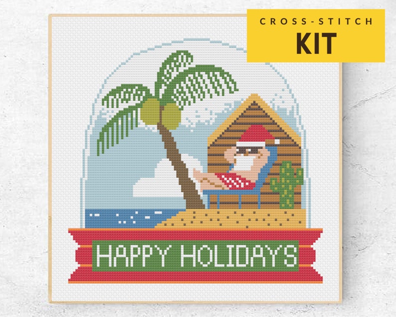 Funny Christmas Cross stitch KIT, Santa on Holiday Vacation KIT for Beginners DIY. Beach Island Father Christmas, Modern Easy Embroidery Kit image 2