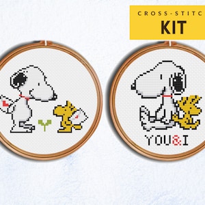 Snoopy Cross stitch KIT, Peanuts cross stitch, Woodstock Friendship cross stitch kit for beginners, Love Valentine's gift, Modern Embroidery