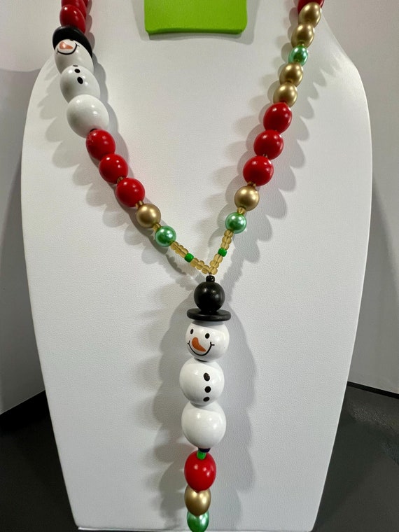 Unique One-Of-A- Kind Breakaway Lanyard - Christmas 2024 #4 - 2 Wooden Snowmen Lanyard - White, Black Red and Gold Beads With Green Accents