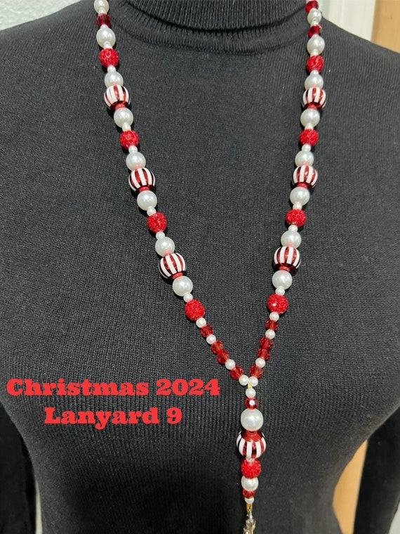 Unique One-Of-A- Kind Breakaway Lanyard - Christmas 2024 #9 - Red & White Beads with Red/White and Red Sparkling Plastic Ornaments