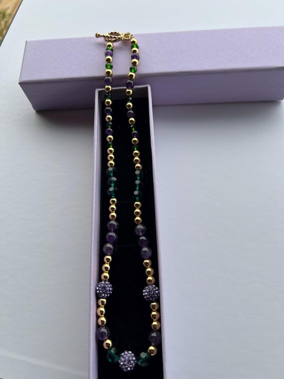 Purple Rhinestone Mardi Gras Inspired 19.5” Necklace w Crown Toggle Clasp